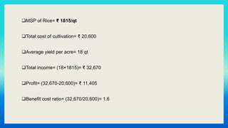 MSP of Rice= ₹ 1815/qt
Total cost of cultivation= ₹ 20,600
Average yield per acre= 18 qt
Total income= (18×1815)= ₹ 32,670
Profit= (32,670-20,600)= ₹ 11,405
Benefit cost ratio= (32,670/20,600)= 1.6
 