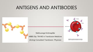 ANTIGENS AND ANTIBODIES
Mathurange Krishnapillai
MBBS Dip. TM MD in Transfusion Medicine
(Acting) Consultant Transfusion Physician
 