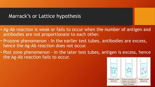 Marrack’s or Lattice hypothesis
• Ag-Ab reaction is weak or fails to occur when the number of antigen and
antibodies are not proportionate to each other.
• Prozone phenomenon - In the earlier test tubes, antibodies are excess,
hence the Ag-Ab reaction does not occur.
• Post zone phenomenon - In the later test tubes, antigen is excess, hence
the Ag-Ab reaction fails to occur.
 