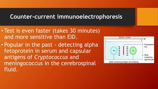 Counter-current immunoelectrophoresis
• Test is even faster (takes 30 minutes)
and more sensitive than EID.
• Popular in the past - detecting alpha
fetoprotein in serum and capsular
antigens of Cryptococcus and
meningococcus in the cerebrospinal
fluid.
 