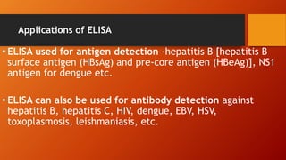 Applications of ELISA
• ELISA used for antigen detection -hepatitis B [hepatitis B
surface antigen (HBsAg) and pre-core antigen (HBeAg)], NS1
antigen for dengue etc.
• ELISA can also be used for antibody detection against
hepatitis B, hepatitis C, HIV, dengue, EBV, HSV,
toxoplasmosis, leishmaniasis, etc.
 
