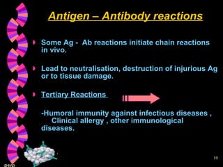 Antigen – Antibody reactions Some Ag -  Ab reactions initiate chain reactions in vivo. Lead to neutralisation, destruction of injurious Ag or to tissue damage. Tertiary Reactions  -Humoral immunity against infectious diseases ,  Clinical allergy , other immunological diseases. 