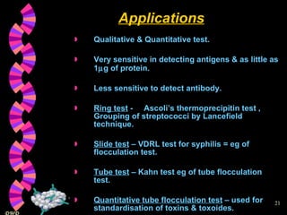 Applications Qualitative & Quantitative test. Very sensitive in detecting antigens & as little as 1  g of protein. Less sensitive to detect antibody. Ring test  -  Ascoli’s thermoprecipitin test , Grouping of streptococci by Lancefield technique. Slide test  – VDRL test for syphilis = eg of flocculation test. Tube test  – Kahn test eg of tube flocculation test. Quantitative tube flocculation test  – used for standardisation of toxins & toxoides. 