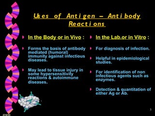 Uses of Antigen – Antibody Reactions In the Body or in Vivo  : Forms the basis of antibody mediated (humoral) immunity against infectious diseases. May lead to tissue injury in some hypersensitivity reactions & autoimmune diseases . In the Lab.or in Vitro  : For diagnosis of infection. Helpful in epidemiological studies. For identification of non infectious agents such as enzymes. Detection & quantitation of either Ag or Ab. 