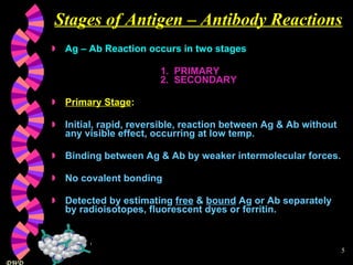 Stages of Antigen – Antibody Reactions Ag – Ab Reaction occurs in two stages       1.  PRIMARY    2.  SECONDARY Primary Stage : Initial, rapid, reversible, reaction between Ag & Ab without any visible effect, occurring at low temp. Binding between Ag & Ab by weaker intermolecular forces. No covalent bonding Detected by estimating  free  &  bound  Ag or Ab separately by radioisotopes, fluorescent dyes or ferritin. 