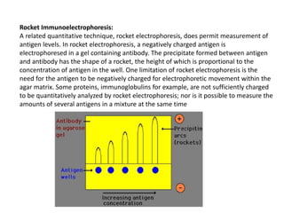 Rocket Immunoelectrophoresis:
A related quantitative technique, rocket electrophoresis, does permit measurement of
antigen levels. In rocket electrophoresis, a negatively charged antigen is
electrophoresed in a gel containing antibody. The precipitate formed between antigen
and antibody has the shape of a rocket, the height of which is proportional to the
concentration of antigen in the well. One limitation of rocket electrophoresis is the
need for the antigen to be negatively charged for electrophoretic movement within the
agar matrix. Some proteins, immunoglobulins for example, are not sufficiently charged
to be quantitatively analyzed by rocket electrophoresis; nor is it possible to measure the
amounts of several antigens in a mixture at the same time
 