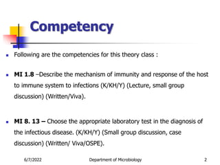 Competency
 Following are the competencies for this theory class :
 MI 1.8 –Describe the mechanism of immunity and response of the host
to immune system to infections (K/KH/Y) (Lecture, small group
discussion) (Written/Viva).
 MI 8. 13 – Choose the appropriate laboratory test in the diagnosis of
the infectious disease. (K/KH/Y) (Small group discussion, case
discussion) (Written/ Viva/OSPE).
6/7/2022 Department of Microbiology 2
 