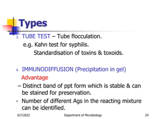 Types
3. TUBE TEST – Tube flocculation.
e.g. Kahn test for syphilis.
Standardisation of toxins & toxoids.
4. IMMUNODIFFUSION (Precipitation in gel)
Advantage
– Distinct band of ppt form which is stable & can
be stained for preservation.
- Number of different Ags in the reacting mixture
can be identified.
6/7/2022 Department of Microbiology 24
 