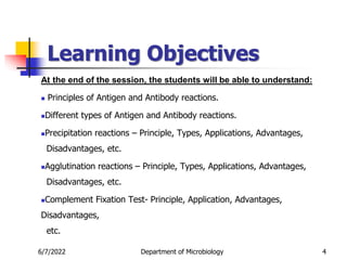 Learning Objectives
At the end of the session, the students will be able to understand:
 Principles of Antigen and Antibody reactions.
Different types of Antigen and Antibody reactions.
Precipitation reactions – Principle, Types, Applications, Advantages,
Disadvantages, etc.
Agglutination reactions – Principle, Types, Applications, Advantages,
Disadvantages, etc.
Complement Fixation Test- Principle, Application, Advantages,
Disadvantages,
etc.
6/7/2022 Department of Microbiology 4
 