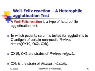 Weil-Felix reaction – A Heterophile
agglutination Test
 A Weil-Felix reaction is a type of heterophile
agglutination test.
 In which patients serum is tested for agglutinins to
O antigen of certain non-motile Proteus
strains(OX19, OX2, OXk).
 OX19, OX2 are strains of Proteus vulgaris.
 OXk is the strain of Proteus mirabilis.
53
6/7/2022 Department of Microbiology
 