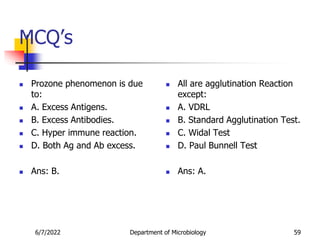 MCQ’s
 Prozone phenomenon is due
to:
 A. Excess Antigens.
 B. Excess Antibodies.
 C. Hyper immune reaction.
 D. Both Ag and Ab excess.
 Ans: B.
 All are agglutination Reaction
except:
 A. VDRL
 B. Standard Agglutination Test.
 C. Widal Test
 D. Paul Bunnell Test
 Ans: A.
6/7/2022 Department of Microbiology 59
 