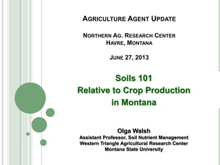 AGRICULTURE AGENT UPDATE
NORTHERN AG. RESEARCH CENTER
HAVRE, MONTANA
JUNE 27, 2013
Soils 101
Relative to Crop Production
in Montana
Olga Walsh
Assistant Professor, Soil Nutrient Management
Western Triangle Agricultural Research Center
Montana State University
 