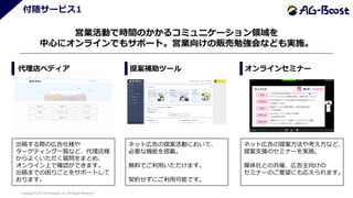 Copyright © SO Technologies, Inc. All Rights Reserved. 12
付随サービス1
営業活動で時間のかかるコミュニケーション領域を
中心にオンラインでもサポート。営業向けの販売勉強会なども実施。
代理店ペディア
出稿する際の広告仕様や
ターゲティング一覧など、代理店様
からよくいただく質問をまとめ、
オンライン上で確認ができます。
出稿までの困りごとをサポートして
おります。
ネット広告の提案活動において、
必要な機能を搭載。
無料でご利用いただけます。
契約せずにご利用可能です。
提案補助ツール オンラインセミナー
ネット広告の提案方法や考え方など、
提案支援のセミナーを実施。
媒体社との共催、広告主向けの
セミナーのご要望にも応えられます。
 
