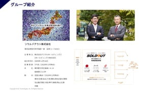 Copyright © SO Technologies, Inc. All Rights Reserved.
グループ紹介
ソウルドアウト株式会社
東京証券取引所市場第一部 証券コード6553
主 要 株 主：株式会社デジタルホールディングス
Zホールディングス株式会社
設立年月日：2009年12月16日
従 業 員 数：375名（2020年12月時点）
本 社：東京都文京区後楽1-4-14
後楽森ビル19F
拠 点：全国16拠点（2020年12月時点）
東京/札幌/仙台/大宮/横浜/新潟/福井/静岡
名古屋/京都/大阪/神戸/福岡/岡山/広島
沖縄
 