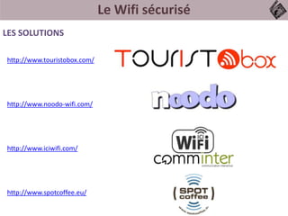 Le Wifi sécurisé
http://www.touristobox.com/
http://www.noodo-wifi.com/
http://www.iciwifi.com/
http://www.spotcoffee.eu/
LES SOLUTIONS
 