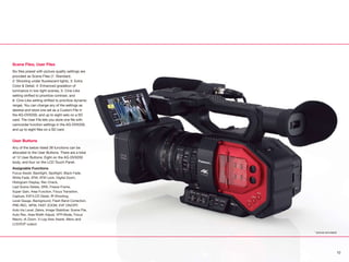 Scene Files, User Files
Six files preset with picture quality settings are
provided as Scene Files (1: Standard,
2: Shooting under fluorescent lights, 3: Extra
Color  Detail, 4: Enhanced gradation of
luminance in low-light scenes, 5: Cine-Like
setting shifted to prioritize contrast, and
6: Cine-Like setting shifted to prioritize dynamic
range). You can change any of the settings as
desired and store one set as a Custom File in
the AG-DVX200, and up to eight sets on a SD
card. The User File lets you store one file with
camcorder function settings in the AG-DVX200,
and up to eight files on a SD card.
User Buttons
Any of the below listed 38 functions can be
allocated to the User Buttons. There are a total
of 12 User Buttons: Eight on the AG-DVX200
body, and four on the LCD Touch Panel.
Assignable Functions
Focus Assist, Backlight, Spotlight, Black Fade,
White Fade, ATW, ATW Lock, Digital Zoom,
Histogram Display, Rec Check,
Last Scene Delete, DRS, Freeze Frame,
Super Gain, Area Function, Focus Transition,
Capture, EVF/LCD Detail, IR Shooting,
Level Gauge, Background, Flash Band Correction,
PRE-REC, WFM, FAST ZOOM, EVF ON/OFF,
Auto Iris Level, Zebra, Image Stabilizer, Scene File,
Auto Rec, Area Width Adjust, VFR Mode, Focus
Macro, iA Zoom, V-Log View Assist, Menu and
LCD/EVF output.
* picture simulated
10
 