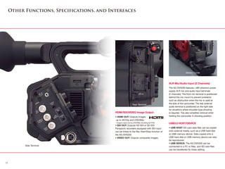 XLR Mic/Audio Input (2 Channels)
The AG-DVX200 features +48V phantom power
supply XLR mic and audio input terminals
(2 channels). The front mic terminal is positioned
behind the mic mount to prevent problems
such as obstruction when the mic is used at
the side of the camcorder. The rear external
audio terminal is positioned on the right side
for situations where shoulder-type shooting
is required. This also simplifies removal while
holding the camcorder in shooting position.
USB3.0 HOST/DEVICE
• USB HOST: SD card data files can be copied
onto external media, such as a USB hard disk
or USB memory device. Data copied onto a
USB hard disk or USB memory device can also
be reproduced.
• USB DEVICE: The AG-DVX200 can be
connected to a PC or Mac, and SD card files
can be transferred for linear editing.
Other Functions, Specifications, and Interfaces
HDMI/SDI/VIDEO Image Output
• HDMI OUT: Outputs images
up to 4K/24p and UHD/60p.*
* Images output during UHD/60p recording are FHD.
• SDI OUT: Outputs HD SDI or SD SDI.
Panasonic recorders equipped with SDI input
can be linked to the Rec Start/Stop function of
the AG-DVX200.
• VIDEO OUT: Outputs composite images.
	
Battery Cover
Rear Terminal
Side Terminal
11
 