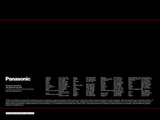 *HDMI and the HDMI logo and High-Definition Multimedia Interface are trademarks or registered trademarks of HDMI Licensing, LLC. Dolby and the double-D symbols are trademarks of Dolby Laboratories. SDHC logo and SDXC logo are trademarks of SD-3C, LLC.
Adobe, the Adobe logo and Adobe Premiere are either trademarks or registered trademarks of Adobe Systems Incorporated. Apple, the Apple logo and Final Cut Pro are trademarks of Apple Inc.,registered in the U.S. and other countries. Avid, the Avid logo and
Media Composer are trademarks or registered trademarks of Avid Technology, Inc. or its subsidiariesin the United States and/or other countries. Grass Valley and EDIUS are trademarks or registered trademarks of Grass Valley. Shogun/ATOMOS are registered
trademarks of ATOMOS Pty Ltd.
Argentina	 +54 11 4122 7200
Australia	 +61 (0) 2 9491 7400
Bahrain	 +973 252292
Brazil	 +55 11 3889 4035
Canada	 +1 905 624 5010
China	 +86 10 6515 8828
Hong Kong	 +852 2313 0888
Czech Republic: 	 +421 (0) 903 447 757
Denmark	 +45 43 20 08 57
Egypt	 +20 2 23938151
Finland, Latvia, Lithuania, Estonia
	 +358 (9) 521 52 53
France	 +33 (0) 1 47 91 64 00
Germany, Austria, Switzerland
	 +49 (0) 6103 313887
Greece	 +30 210 96 92 300
Hungary	 +36 (1) 382 60 60
India	 +91 1860 425 1860
Indonesia	 +65 6277 7284
Iran
(Vida)	 +98 21 2271463
(Panasonic Office)	 +98 2188791102
Italy	 +39 02 6788 367
Jordan	 +962 6 5859801
Kazakhstan	 +7 727 298 0891
Korea	 +82 2 2106 6641
Kuwait	 +96 522431385
Lebanon	 +96 11665557
Malaysia 	 +60 3 7809 7888
Mexico	 +52 55 5488 1000
Mongolia	 +976 70115577
Netherlands, Belgium	 +31 73 640 2729
New Zealand	 +64 9 272 0100
Norway	 +47 67 91 78 00
Pakistan	 +92 5370320 (SNT)
Palestine	 +972 2 2988750
Panama	 +507 229 2955
Philippines	 +65 6277 7284
Poland	 +48 (22) 338 1100
Portugal	 +351 21 425 77 04
Romania, Albania, Bulgaria, Macedonia
	 +40 (0) 729 164 387
Russia  CIS	 +7 495 9804206
Saudi Arabia	 +96 626444072
Singapore	 +65 6277 7284
Slovak Republic, Croatia, Serbia, Bosnia,
Montenegro, Slovenia	 +421 (0) 903 447 757
South Africa	 +27 11 3131622
Spain	 +34 (93) 425 93 00
Sweden	 +46 (8) 680 26 41
Syria	 +963 11 2318422/4
Taiwan	 +886 2 2227 6214
Thailand	 +662 731 8888
Turkey	 +90 216 578 3700
U.A.E. (for All Middle East)
	 +971 4 8862142
Ukraine 	 +380 44 4903437
U.K.	 +44(0)1344 70 69 13
U.S.A.	 +1 877 803 8492
Vietnam	 +65 6277 7284
SP-DVX200PE2 20K201508ZP-1 Printed in Japan
Panasonic Corporation
AVC Networks Company
2-15 Matsuba-cho, Kadoma, Osaka 571-8503 Japan
http://pro-av.panasonic.net/
 