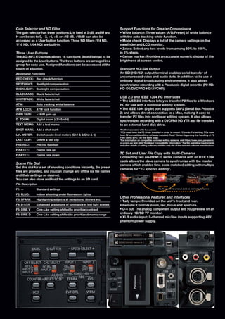 Gain Selector and ND Filter                                            Support Functions for Greater Convenience
The gain selector has three positions: L is fixed at 0 dB; and M and   • White balance: Three values (A/B/Preset) of white balance
H can be set to 0, +3, +6, +9, or +12 dB. +18dB can also be            with the auto tracking white function.
accessed as a User button function. Three ND filters (1/4 ND,          • Mode check: Displays a list of the camera settings on the
1/16 ND, 1/64 ND) are built-in.                                        viewfinder and LCD monitor.
                                                                       • Zebra: Select any two levels from among 50% to 105%,
Three User Buttons                                                     in 5% steps.
The AG-HPX170 series allows 16 functions (listed below) to be          • Center marker: Provides an accurate numeric display of the
assigned to the User buttons. The three buttons are arranged in a      brightness at screen center.
group for easy use. Assigned functions can be accessed at the
touch of a button.                                                     Standard HD-SDI Output
Assignable Functions                                                   An SDI (HD/SD) output terminal enables serial transfer of
                                                                       uncompressed video and audio data. In addition to its use in
REC CHECK: Rec check function
                                                                       ordinary digital broadcasting environments, it also allows
SPOTLIGHT:     Spotlight compensation                                  synchronized recording with a Panasonic digital recorder (P2 HD/
BACKLIGHT:     Backlight compensation                                  HD-D5/DVCPRO HD/AVCHD).
BLACKFADE: Black fade in/out
                                                                       USB 2.0 and IEEE 1394 PC Interfaces
WHITEFADE: White fade in/out
                                                                       • The USB 2.0 interface lets you transfer P2 files to a Windows
ATW:           Auto tracking white balance                             PC for use with a nonlinear editing system.
ATW LOCK:      ATW lock function                                       • The IEEE 1394 (6-pin) port supports SBP2 (Serial Bus Protocol
GAIN 18dB:     +18dB gain up
                                                                       2) and allows direct connection to a Mac, making it easy to
                                                                       transfer P2 files into nonlinear editing system. It also allows
D. ZOOM:       Digital zoom (x2/x5/x10)                                synchronized recording with a DVCPRO HD VTR and file transfers
TEXT MEMO: Add a text memo                                             to an external hard disk drive.
SHOT MARK: Add a shot mark                                             *Neither operates with bus power.
                                                                       *PCs must have the P2 driver installed in order to mount P2 cards. For editing, PCs must
LVL METER:     Switch audio level meters (Ch1 & 2/Ch3 & 4)             have P2 compatible editing software installed. Read “Notes Regarding the Handling of P2
                                                                       Files Using a PC” on the back page.
LAST CLIP:     Delete a last clip                                      *For information on compatible nonlinear editing systems, visit https://eww.pavc.panasonic.
                                                                       co.jp/pro-av/ and click “Nonlinear Compatibility Information.” For the operating requirements
PRE REC:       Pre-rec function                                        and other details of editing software, visit the web site of the relevant software manufacturer.
F.RATE＋:       Frame rate up
F.RATE−:       Frame rate down
                                                                       TC Set and User File Copy with Multi-Cameras
                                                                       Connecting two AG-HPX170 series cameras with an IEEE 1394
                                                                       cable allows the slave camera to synchronize with the master
Scene File Dial                                                        camera which enables time-code-matched editing with multiple
Set this dial for a set of shooting conditions instantly. Six preset
                                                                       cameras for “TC synchro editing”.
files are provided, and you can change any of the six file names
and their settings as desired.
                                                                        Camera-1                         Camera-2                               Camera-3
You can also store and load the settings to an SD card.
File Description
                                                                                                              IEEE 1394
F1: —          Standard settings                                                                              The TC value of the camera-2 and 3 are matched to the camera-1


F2: FLUO.      Indoor shooting under fluorescent lights
                                                                       Other Professional Features and Interfaces
F3: SPARK      Highlighting subjects at receptions, dinners etc.
                                                                       • Tally lamps: Provided on the unit’s front and rear.
F4: B-STR      Enhanced gradations of luminance in low light scenes    • Remote: Controls zoom, rec, focus and aperture.
F5: CINE V     Cine-Like setting shifted to prioritize contrast        • D-4 out: The analog component output lets you preview on an
F6: CINE D     Cine-Like setting shifted to prioritize dynamic range
                                                                       ordinary HD/SD TV monitor.
                                                                       • XLR audio input: 2-channel mic/line inputs supporting 48V
                                                                       phantom power supply.
 