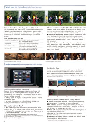 Variable Frame Rate Function Enhances the Image Expression




Variable Frame Rate — Also Supported in 1080p Mode                                                       • Normal cinematic shooting (at 24 fps, 25 fps or 30 fps) refers to the
The Variable Frame Rate (VFR) function was inherited from the Panasonic                                  same rate as used in film cameras. The AG-HPX250 can record in 24 fps.
VariCam, which is widely used for producing movies, TV series, and TV                                    Note that 25 fps and 30 fps are the standard frame rates used in the
commercials. It creates a wide range of film-camera-like images, such as                                 production of TV commercials, music clips and video media.
overcranking for slow-motion and undercranking for quick-motion                                          • Overcranking (higher-speed shooting) produces a slow-motion effect.
effects.                                                                                                 This is especially effective for high-action scenes like car chases or
Image Modes and Variable Frame Rates                                                                     crashes, or to create a dramatic impact in a scene. For example, when a
1080/59.94i, 23.98p, 29.97p: 1/2/4/6/9/12/15/18/20/21/22/24/25/26/27/
                                                                                                         scene is shot at 48 fps and played at 24 fps, a slow-motion effect of
                             28/30 fps (frames per second)                                               1/2x is attained.
1080/50i, 25p:                      1/2/4/6/9/12/15/18/20/21/22/23/24/25 fps                             • Undercranking (lower-speed shooting) gives you a quick-motion
720/59.94p, 23.98p, 29.97p: 1/2/4/6/9/12/15/18/20/21/22/24/25/26/                                        effect. This technique can be combined with a warp-speed effect to give
                            27/28/30/32/34/36/40/44/48/54/60 fps                                         special emphasis to flowing water, fast-moving clouds, etc. For example,
720/50p, 25p:                       1/2/4/6/9/12/15/18/20/21/22/23/24/25/                                when a scene is shot at 12 fps and played at 24 fps, a quick-motion
                                    26/27/28/30/32/34/37/42/45/48/50 fps                                 effect of 2x is attained.




Undercranking (lower-speed shooting)                                                                  Overcranking (higher-speed shooting)


    Versatile Recording Functions Enabled by File-Based Recording

                                                                                                         One-Clip Rec Mode
                                                                                                         Whereas normal Rec mode produces a clip for each Rec start/stop cut,
                                                                                                         One-Clip Rec mode records up to 99 consecutive cuts as a single clip,
                                                                                                         which greatly improves the nonlinear editing work that follows. A text
                                                                                                         memo is automatically attached when recording begins, making it easy to
                                                                                                         find desired cuts within the clip.
                                                                                                            REC START               REC START               REC START              REC START



                                                                                                                                                                                     …………max. 99
                                                                                                                                                                                     consecutive cuts


                                                                                                                                  REC STOP                 REC STOP               REC STOP


Clip Thumbnail Display and Clip Editing                                                                      Single Clip
Recorded clips are automatically allocated a thumbnail image and
metadata. This lets you display the thumbnail images on the LCD
monitor, delete clips, and confirm or edit metadata (using the built-in
Software Keyboard function).                                                                                TEXT MEMO 1            TEXT MEMO 2              TEXT MEMO 3           TEXT MEMO 4
• Last clip delete: The clip that was most recently recorded is deleted
with a single touch.                                                                                     Recording Modes That Meet a Wide Variety of Needs
• Rec check: The beginning and ending of the clip that was most                                          • Loop rec: This repeatedly re-records a particular recurring time slot,
recently recorded are checked with a single touch.                                                       always maintaining a recording of the most recent period.
                                                                                                         • Pre-rec*: While in standby mode, you can continuously store, and
Shot Marker and Text Memo*1                                                                              subsequently record, up to 3 seconds in HD (7 seconds in SD). This will
• Shot marker: Clips can be marked during or after recording. When                                       help you to get the shot you want every time.
mounted to a PC,*2 the user can display only the marked clips if desired.                                • Interval rec*: This gives you automatic intermittent recording based on
• Text memo: This lets you post a memo on any scene of any clip, up to                                   a set interval and recording time.
100 memos in all, similar to a sticky note.                                                              • One-shot rec*: This frame-shot recording function is useful for
*1: Shot marker and text memo cannot be used in loop rec, interval rec, or one-shot rec.                 producing animations.
*2: When using P2 viewer, a Windows PC viewing application that can be downloaded free of charge by
P2 users. See the following website for details.                                                         • Time stamp: The date and time can be stamped onto recorded images.
http://pro-av.panasonic.net/en/sales_o/p2/index.html                                                     Commonly used for evidential images.
                                                                                                         * These functions cannot be used during Variable Frame Rate recording.
5
 