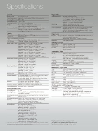 Specifications
General                                                                                              Digital Video
Supply Voltage:        DC12V (11V to 17V)                                                            Sampling Frequency:      AVC-Intra 100/DVCPRO HD:
Power Consumption: Approx. 19 W (with standard VF, lens, LCD monitor ON)                                                      Y: 74.2500MHz, PB/PR: 37.1250MHz (50Hz)
Operating Temperature: 0°C to 40°C                                                                                            Y: 74.1758MHz, PB/PR: 37.0879MHz (59.94Hz)
Keeping Temperature: −20°C to 60°C                                                                                            DVCPRO50: Y: 13.5MHz, PB/PR: 6.75MHz
                                                                                                                              DVCPRO: Y: 13.5MHz, PB/PR: 3.375MHz
Operating Humidity: 10% to 85% (no condensation)
                                                                                                     Quantizing:              AVC-Intra 100/AVC-Intra 50: 10bit
Weight:                Approx. 3.6 kg excluding battery and accessories
                                                                                                                              DVCPRO HD/DVCPRO50/DVCPRO/DV: 8bit
                       Approx. 5 kg with supplied Fujinon lens
                                                                                                     Video Compression:       AVC-Intra 100/AVC-Intra 50: MPEG-4 AVC/H.264 Intra Profile
Dimensions (WxHxD): 246 mm x 251 mm x 441 mm, excluding prominent parts
                                                                                                                              DVCPRO HD: DV base compression (SMPTE 370M)
                       246 mm x 251 mm x 549 mm, with Fujinon lens,
                                                                                                                              DVCPRO 50/DVCPRO: DV base compression (SMPTE 314M)
                       excluding prominent parts
                                                                                                                              DV: DV compression (IEC 61834-2)
Camera
                                                                                                     Digital Audio
Pick-up Device:           2.2M pixels Progressive MOS Image sensor x 3
                                                                                                     Recording Audio Signal: AVC-Intra 100/AVC-Intra 50/DVCPRO HD: 48kHz/16bits, 4CH
Lens Mount:               1/3" bayonet type                                                                                  DVCPRO50: 48kHz/16bits, 4CH
Optical Color Separation: Prism system                                                                                       DVCPRO/DV: 48kHz/16bits, 2CH/4CH switchable
ND Filter:                4 position (Clear, 1/4 ND, 1/16 ND, 1/64 ND)                               Headroom:               20dB/18dB switchable
Gain Selection:           −3dB, 0dB, 3dB, 6dB, 9dB, 12dB, 24dB
Shutter Speed (Preset): 50i/50p mode: 1/50 (OFF) sec., 1/60 sec., 1/120 sec.,
                                                                                                     Video Input/Output
                          1/250 sec., 1/500 sec., 1/1000 sec., 1/2000 sec.                           GENLOCK IN:              BNC × 1, 1.0V [p-p] 75 Ω
                          25p mode: 1/25 (OFF) sec., 1/50 sec., 1/60 sec.,                           VIDEO OUT:               BNC × 1, 1.0V[p-p] 75 Ω
                          1/120 sec., 1/250 sec., 1/500 sec., 1/1000 sec., 1/2000 sec.               SDI OUT:                 BNC × 2, 0.8V[p-p] 75 Ω
                          60i/60p mode: 1/60(OFF) sec., 1/100 sec., 1/120 sec.,                                               HD/SD switchable
                          1/250 sec., 1/500 sec., 1/1000 sec., 1/2000 sec.
                                                                                                     Audio Input/Output
                          30p mode: 1/30(OFF) sec., 1/60 sec., 1/100 sec.,
                          1/120 sec., 1/250 sec., 1/500 sec., 1/1000 sec., 1/2000 sec.               MIC IN:                  XLR (3pin), +48 V compatible
                          24p mode: 1/24(OFF) sec., 1/60 sec., 1/100 sec.,                                                    MIC: −40/−50/−60 dBu (switchable on menu)
                          1/120 sec., 1/250 sec., 1/500 sec., 1/1000 sec., 1/2000 sec.               Audio IN:                XLR (3pin) x 2 (CH1/CH2), LINE/MIC/+48V switchable
Shutter Speed (Variable): 50i mode: 1/50.0 sec. to 1/250.0 sec.                                                               LINE: 0 dBu, MIC: −50/−60 dBu (switchable on menu)
                          25p mode: 1/25.0 sec. to 1/250.0 sec.                                      Wireless:                25 pin, D-SUB, −40dBu
                          60i mode: 1/60.0 sec. to 1/249.8 sec.                                      Audio Out:               Pin jack x 2 (CH1/CH2), Out: 316 mV, 600Ω,
                          30p mode: 1/30.0 sec. to 1/249.8 sec.
                                                                                                     Earphone:                Stereo mini jack (3.5mm diameter)
                          24p mode: 1/24.0 sec. to 1/249.8 sec.
                                                                                                     Internal Speaker:        28mm round shape x 1
Shutter Speed (Slow): 50i/50p mode: 1/12.5 sec., 1/25 sec.
                          25p mode: 1/6.25 sec., 1/12.5 sec.                                         Other Input/Output Signal
                          60i/60p mode: 1/15 sec., 1/30 sec.                                         TC In:                   BNC x 1, 0.5 V [p-p] to 8 V [p-p], 10kΩ
                          30p mode: 1/7.5 sec., 1/15 sec.                                            TC Out:                  BNC x 1, low impedance, 2.0 V ±0.5 V [p-p]
                          24p mode: 1/6 sec., 1/12 sec.
                                                                                                     IEEE 1394:               6 pin, digital In/Out, based on IEEE 1394 Standard
Aperture Angle:           3 deg to 359.5 deg, 0.5 deg step select
                                                                                                     DC In:                   XLR x 1, 4-pin, DC12V (DC11.0V to 17.0V)
Variable Frame Rate : 50 Hz mode: variable 12/15/18/20/21/22/23/24/25/26/27/28/30/
                                                                                                     DC Out:                  4-pin, DC12V (DC11.0V to 17.0V), max 1.5 A.
                          32/34/37/42/45/48/50 fps (frames per second)
                                                                                                     Remote:                  10 pin
                          59.94Hz mode: variable 12/15/18/20/21/22/24/25/26/27/28/30/
                          32/34/36/40/44/48/54/60 fps (frames per second)                            Lens:                    12 pin
Sensitivity:              F11 (2000 lx, 3200K, 89.9% reflect, 1080/50i)                              USB 2.0 (Device):        Type-B, 4-pin (USB ver2.0)
                          F10 (2000 lx, 3200K, 89.9% reflect, 1080/59.94i)                           USB 2.0 (Host):          Type-A, 4-pin (USB ver2.0)
Minimum Luminance: 0.4 lx (F1.6 , Gain 24dB , shutter speed 1/30 sec.)                               Monitor, Speaker and Other packages
Horizontal Resolution : More than 1000 TV lines (center)                                             LCD Monitor:          3.2-inch approx. 921,000 dots (16:9)
Memory Card Recorder                                                                                 View Finder:          0.45-inch approx. 1,226,000 dots (16:9)
Recording Media:        P2 Card                                                                      Supplied Accessories: Fujinon lens, Front lens cap, Rear lens cap,
Recording Format:       AVC-Intra 100/AVC-Intra 50/DVCPRO HD/DVCPRO50/                                                     Zoom lever, Lens connector cap, Lens hood, Lens hood cap,
                        DVCPRO/DV selectable                                                                               Eye cup, Shoulder belt, Front audio level knob with screw,
                                                                                                                           Mount cap, BNC connector cap,
Recording Video Signal: 1080/50i, 1080/25p, 1080/25pN, 720/50p, 720/25p, 720/25pN,
                                                                                                                           XLR connector cap, Software CD-ROM
(50 Hz)                 576/50i, 576/25p
Recording Video Signal: 1080/59.94i, 1080/29.97p, 1080/29.97pN, 1080/23.98p,
(59.94 Hz)              1080/23.98pA, 1080/23.98pN, 720/59.94p, 720/29.97p,
                        720/29.97pN, 720/23.98p, 720/23.98pN,
                        480/59.94i, 480/29.97p, 480/23.98p, 480/23.98pA
Recording Time*:        AVC-Intra 100/DVCPRO HD
                        Approx. 16 min. with a 16GB P2 card
                        Approx. 32 min. with a 32GB P2 card
                        Approx. 64 min. with a 64GB P2 card
                        AVC-Intra 50/DVCPRO50
                        Approx. 32 min. with a 16GB P2 card
                        Approx. 64 min. with a 32GB P2 card
                        Approx. 128 min. with a 64GB P2 card
                        DVCPRO/DV
                        Approx. 64 min. with a 16GB P2 card
                        Approx. 128 min. with a 32GB P2 card
                        Approx. 256 min. with a 64GB P2 card                                         Weight and dimensions shown are approximate.
* Time shown above is when you record a series of 1 shot to P2 card. Depending on numbers of shots   The content of this catalog is a thing as of April, 2010.
you record, time will get shorter than the number shown above.                                       Specifications are subject to change without notice.
 