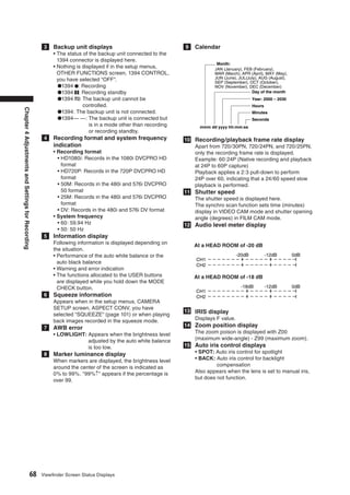 3   Backup unit displays                                9   Calendar
                                                        • The status of the backup unit connected to the
                                                          1394 connector is displayed here.
                                                                                                                         Month:
                                                        • Nothing is displayed if in the setup menus,                   JAN (January), FEB (February),
                                                          OTHER FUNCTIONS screen, 1394 CONTROL,                         MAR (March), APR (April), MAY (May),
                                                          you have selected “OFF”.                                      JUN (June), JUL(July), AUG (August),
                                                                                                                        SEP (September), OCT (October),
                                                          ●1394 : Recording                                             NOV (November), DEC (December)
                                                          ●1394 : Recording standby                                                       Day of the month
                                                          ●1394 : The backup unit cannot be                                               Year: 2000 – 2030
                                                                     controlled.                                                          Hours
Chapter 4 Adjustments and Settings for Recording




                                                          ●1394: The backup unit is not connected.                                        Minutes
                                                          ●1394— —: The backup unit is connected but                                      Seconds
                                                                        is in a mode other than recording         mmm dd yyyy hh:mm:ss
                                                                        or recording standby.
                                                    4   Recording format and system frequency               10 Recording/playback frame rate display
                                                        indication                                             Apart from 720/30PN, 720/24PN, and 720/25PN,
                                                        • Recording format                                     only the recording frame rate is displayed.
                                                          • HD1080i: Records in the 1080i DVCPRO HD            Example: 60:24P (Native recording and playback
                                                            format                                             at 24P to 60P capture)
                                                          • HD720P: Records in the 720P DVCPRO HD              Playback applies a 2:3 pull-down to perform
                                                            format                                             24P over 60, indicating that a 24/60 speed slow
                                                          • 50M: Records in the 480i and 576i DVCPRO           playback is performed.
                                                            50 format                                       11 Shutter speed
                                                          • 25M: Records in the 480i and 576i DVCPRO           The shutter speed is displayed here.
                                                            format                                             The synchro scan function sets time (minutes)
                                                          • DV: Records in the 480i and 576i DV format         display in VIDEO CAM mode and shutter opening
                                                        • System frequency                                     angle (degrees) in FILM CAM mode.
                                                          • 60: 59.94 Hz                                    12 Audio level meter display
                                                          • 50: 50 Hz
                                                    5   Information display
                                                        Following information is displayed depending on         At a HEAD ROOM of -20 dB
                                                        the situation.
                                                        • Performance of the auto white balance or the                            -20dB           -12dB        0dB
                                                                                                                 CH1
                                                          auto black balance
                                                                                                                 CH2
                                                        • Warning and error indication
                                                        • The functions allocated to the USER buttons           At a HEAD ROOM of -18 dB
                                                          are displayed while you hold down the MODE
                                                          CHECK button.                                                             -18dB         -12dB        0dB
                                                                                                                 CH1
                                                    6   Squeeze information                                      CH2
                                                        Appears when in the setup menus, CAMERA
                                                        SETUP screen, ASPECT CONV, you have
                                                                                                            13 IRIS display
                                                        selected “SQUEEZE” (page 101) or when playing
                                                        back images recorded in the squeeze mode.              Displays F value.
                                                                                                            14 Zoom position display
                                                    7   AWB error
                                                        • LOWLIGHT: Appears when the brightness level          The zoom poison is displayed with Z00
                                                                    adjusted by the auto white balance         (maximum wide-angle) - Z99 (maximum zoom).
                                                                    is too low.                             15 Auto iris control displays
                                                    8   Marker luminance display                               • SPOT: Auto iris control for spotlight
                                                        When markers are displayed, the brightness level       • BACK: Auto iris control for backlight
                                                        around the center of the screen is indicated as                 compensation
                                                        0% to 99%. “99%↑” appears if the percentage is         Also appears when the lens is set to manual iris,
                                                        over 99.                                               but does not function.




                                       68          Viewﬁnder Screen Status Displays
 