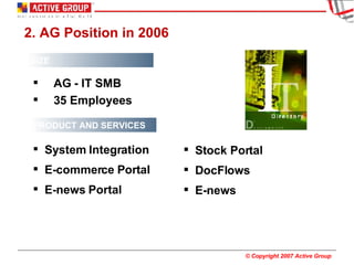 2. AG Position in 2006 System Integration E-commerce Portal E-news Portal SIZE AG - IT SMB 35 Employees PRODUCT AND SERVICES Stock Portal DocFlows E-news 