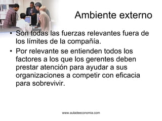 Ambiente externo Son todas las fuerzas relevantes fuera de los límites de la compañía. Por relevante se entienden todos los factores a los que los gerentes deben prestar atención para ayudar a sus organizaciones a competir con eficacia para sobrevivir. 
