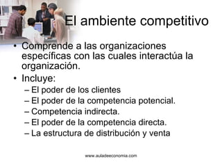 El ambiente competitivo Comprende a las organizaciones específicas con las cuales interactúa la organización. Incluye: El poder de los clientes El poder de la competencia potencial. Competencia indirecta. El poder de la competencia directa. La estructura de distribución y venta 