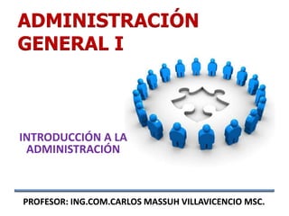 ADMINISTRACIÓN
GENERAL I



INTRODUCCIÓN A LA
 ADMINISTRACIÓN



PROFESOR: ING.COM.CARLOS MASSUH VILLAVICENCIO MSC.
 