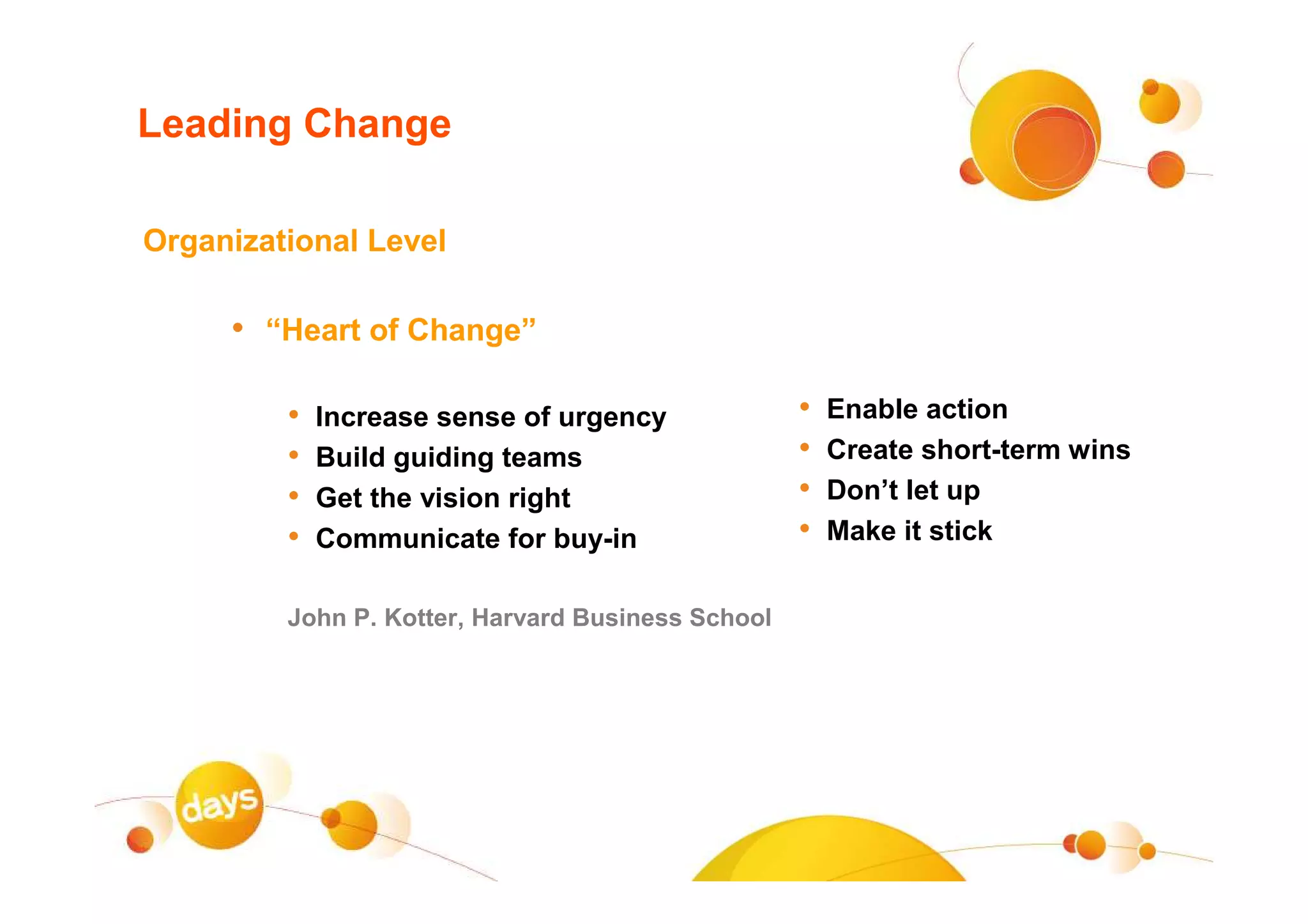 Leading Change

Organizational Level

     • “Heart of Change”

         •   Increase sense of urgency             •   Enable action
         •   Build guiding teams                   •   Create short-term wins
         •   Get the vision right                  •   Don’t let up
         •   Communicate for buy-in                •   Make it stick


         John P. Kotter, Harvard Business School
 