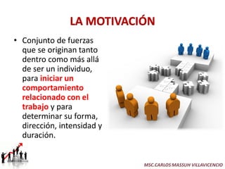 • Conjunto de fuerzas
  que se originan tanto
  dentro como más allá
  de ser un individuo,
  para iniciar un
  comportamiento
  relacionado con el
  trabajo y para
  determinar su forma,
  dirección, intensidad y
  duración.


                            MSC.CARLOS MASSUH VILLAVICENCIO
 