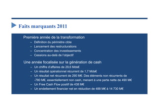 Faits marquants 2011

 Première année de la transformation
     –   Définition du périmètre cible
     –   Lancement des restructurations
     –   Concentration des investissements
     –   Cessions au-delà de l’objectif

  Une année focalisée sur la génération de cash
     – Un chiffre d’affaires de 29,6 Mds€
     – Un résultat opérationnel récurrent de 1,7 Mds€
     – Un résultat net récurrent de 290 M€. Des éléments non récurrents de
       -780 M€, essentiellement non cash, menant à une perte nette de 490 M€
     – Un Free Cash Flow positif de 438 M€
     – Un endettement financier net en réduction de 488 M€ à 14 730 M€
 