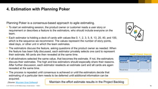 16
PUBLIC
© 2017 SAP SE or an SAP affiliate company. All rights reserved. ǀ
Planning Poker is a consensus-based approach to agile estimating.
 To start an estimating session, the product owner or customer reads a user story or
requirement or describes a feature to the estimators, who should include everyone on the
team.
 Each estimator is holding a deck of cards with values like 0, 1, 2, 3, 5, 8, 13, 20, 40, and 100,
which is the sequence we recommend. The values represent the number of story points,
ideal days, or other unit in which the team estimates.
 The estimators discuss the feature, asking questions of the product owner as needed. When
the feature has been fully discussed, each estimator privately selects one card to represent
their estimate. All cards are then revealed at the same time.
 If all estimators selected the same value, that becomes the estimate. If not, the estimators
discuss their estimates. The high and low estimators should especially share their reasons.
After further discussion, each estimator reselects an estimate card and all cards are again
revealed at the same time.
 The process is repeated until consensus is achieved or until the estimators decide that
estimating of a particular item needs to be deferred until additional information can be
acquired.
(Source: Mountain Goat Software)
4. Estimation with Planning Poker
Maintain the effort estimate results in the Project Backlog
 