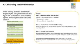 20
PUBLIC
© 2017 SAP SE or an SAP affiliate company. All rights reserved. ǀ
Initial velocity is always an estimate.
Especially for newly formed teams this
figure will be fine tuned over next few
sprints. Planning should take this into
account.
6. Calculating the Initial Velocity
See Tab Release Planning &
Burndown in Backlog template
Example:
Step 1 – Determine Calendar Days per Sprint
We have 4 team members working 5 days/week
* Sprint Length is 4 weeks
= 80 Person Calendar Days per Sprint
Step 2 – Adjust calendar days into Ideal Person days
In this case ideal days are 50% of calendar days. This results in 40 Ideal Person Days
capacity per Sprint.
Step 3 – Adjust for team experience
If it is very first Sprint use 40% as a rule of thumb to reflect team’s learning curve and to
calibrate the velocity. This results in a capacity of 24 ideal person days for the first sprint
For 2nd sprint increase the actual velocity of 1st sprint by 20 % (e.g. 32 if all
functionality has been completed) and for 3rd sprint use average velocity of previous
sprints.
 