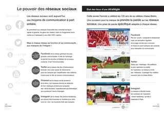 facebook 
pinterest 
10 
home trends 
journal 
september issue 2014 
11 
home trends 
journal 
september issue 2014 
Facebook est le réseau générant les plus 
grosses communautés. Il crée de l’échange 
et permet de recruter et fidéliser de nouveaux 
contacts. C’est l’Incontournable. 
Twitter est le réseau des flux d’informations 
textuels. Une vraie caisse de résonnance 
pour les marques par l’amplification des citations. 
Il peut jouer le rôle de service consommateurs. 
Pinterest est le réseau social tendance 
de la déco. Les marques doivent se détacher 
de leur catalogue produit pour proposer 
des «MOOD BOARDS» inspirationnels par thématique 
qui susciteront l’envie d’épingler. 
Instagramest le réseau des photos tendances, 
qui doivent être incarnées et vivantes pour faire 
vivre en « live » les moments forts des marques. 
Facebook 
Peu de «posts » consacrés à l’évènement 
mais une animation régulière 
de la page via des jeux concours 
et mises en avant ludiques des produits 
pour interpeller sa communauté. 
Twitter 
Grâce aux «hashtags » #ILoveBistro 
et pour optimiser la viralité 
de l’opération, la marque a invité 
ses «followers » à partager leur meilleur 
souvenir avec la chaise Bistro. 
Instagram 
La marque a dévoilé toutes 
les coulisses de l’opération 
« street marketing » qu’elle a 
organisée à Paris. 
Le pouvoir des réseaux sociaux 
tumblr 
blog 
twitter 
instagram 
You Tube 
État des lieux d’une stratégie 
Les réseaux sociaux sont aujourd’hui 
des moyens de communication à part 
entière. 
Ils permettent aux marques d’accroître leur notoriété de façon 
rapide et gratuite, de gérer leur relation client et d’augmenter leurs 
ventes en s’adressant à une cible 100% captive. 
Mais à chaque réseau sa fonction et sa communauté... 
aux marques de l’intégrer ! 
Cette année Fermob a célébré les 125 ans de sa célèbre chaise Bistro. 
Une occasion pour la marque de prendre la parole sur les réseaux 
sociaux. Une prise de parole spécifique adaptée à chaque réseau. 
1 305 
221 
ICI, 
C’EST LA MARQUE 
QUI CRÉE 
LE CONTACT 
ICI, 
C’EST L’INTER-NAUTE 
QUI CRÉE 
LE CONTACT 
ICI, 
ON RACONTE 
UNE HISTOIRE 
VISUELLE 
ICI, 
CE SONT 
LES INSTANTANÉS 
DE VIE 
Au 08/08/2014 
7 463 
 