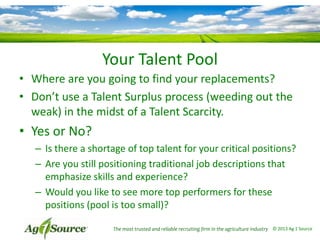 Your Talent Pool
• Where are you going to find your replacements?
• Don’t use a Talent Surplus process (weeding out the
weak) in the midst of a Talent Scarcity.

• Yes or No?
– Is there a shortage of top talent for your critical positions?
– Are you still positioning traditional job descriptions that
emphasize skills and experience?
– Would you like to see more top performers for these
positions (pool is too small)?
The most trusted and reliable recruiting firm in the agriculture industry © 2013 Ag 1 Source

 