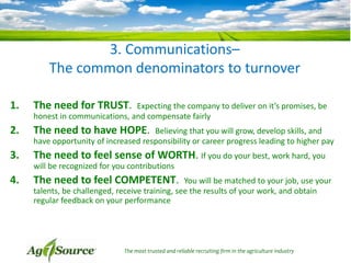 3. Communications–
The common denominators to turnover
1.

The need for TRUST.

2.

The need to have HOPE.

3.

The need to feel sense of WORTH. If you do your best, work hard, you

Expecting the company to deliver on it’s promises, be
honest in communications, and compensate fairly
Believing that you will grow, develop skills, and
have opportunity of increased responsibility or career progress leading to higher pay
will be recognized for you contributions

4.

The need to feel COMPETENT.

You will be matched to your job, use your
talents, be challenged, receive training, see the results of your work, and obtain
regular feedback on your performance

The most trusted and reliable recruiting firm in the agriculture industry

 