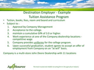 Destination Employer - Example
Tuition Assistance Program

• Tuition, books, fees, room and board and curriculum
• Subject to :
1. Approval by Company Management
2. Acceptance to the college.
3. maintain a cumulative GPA of 3.0 or higher.
4. Work experience at one of the Company dealership locations competitive wage
5. Company provides uniforms for the college program.
6. Upon successful graduation, student agrees to accept an offer of
employment from Company on an “at will” basis.
Company is a multi-store John Deere Dealership with 11 locations

The most trusted and reliable recruiting firm in the agriculture industry

 