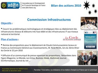 Commission Infrastructures Objectifs  : Couvrir les problématiques technologiques et stratégiques liées au déploiement des infrastructures réseaux & télécoms très haut débit et des infrastructures IT aux niveaux national et territorial. Plan d’actions  : Remise des propositions pour le déploiement de Clouds Communautaires locaux en France au Commissaire Général aux Investissements, M. René RICOL, lors du 3ème D îner du Cercle le 15 juin 2010 Diffusion d’un communiqué de presse reprenant les propositions;  Retombées dans Figaro Magazine, Le Monde, Les Echos, Business Week, Wallstreet Journal, 01informatique, Journal du net … Bilan des actions 2010 