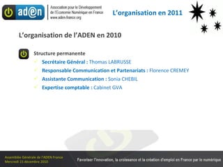 L’organisation de l’ADEN en 2010 Structure permanente Secrétaire Général :  Thomas LABRUSSE Responsable Communication et Partenariats :  Florence CREMEY  Assistante Communication :  Sonia CHEBIL Expertise comptable :  Cabinet GVA L’organisation en 2011 