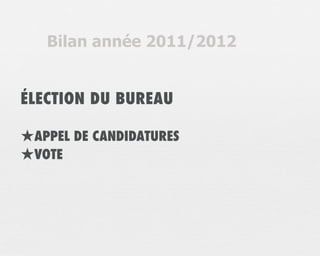 Bilan année 2011/2012


ÉLECTION DU BUREAU

★APPEL DE CANDIDATURES
★VOTE
 