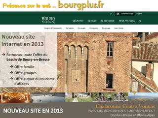 Présence sur le web …
Nouveau site
internet en 2013
 Retrouvez toute l’offre du
bassin de Bourg-en-Bresse
 Offre famille
 Offre groupes
 Offre autour du tourisme
d’affaires
 