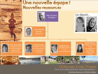 Marc Durand,
Président
Anne-Laure Rodet,
Chargée d’accueil
et d’évènementiel.
Responsable
Qualité Tourisme
Sandrine Ferrier,
Chargée d’accueil,
de communication
et d’animation
numérique
Béatrice Pont,
Chargée d’accueil
et de
commercialisation
Colette Perreira,
Chargée d’accueil
et de
développement
touristique.
Responsable
Vonnas
Anne-Sophie
Djennat,
Directrice
Les départs…
 