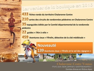 fiches-rando du territoire Chalaronne Centre
cartes des circuits de randonnées pédestres en Chalaronne Centre
topoguides édités par le Comité départemental de la randonnée
pédestre
guides « l’Ain à vélo »
Aventures-Jeux « Fifrelin, détective de la cité médiévale »
Aventures-Jeux « Fifrelin et le vol des cigognes »
 