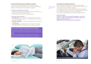 8	 VIGILANCE SOMMEIL 9	 VIGILANCE SOMMEIL
FAITES DES PAUSES SOUS FORME DE SIESTES
Si bien dormir ne vous suffit pas à vous maintenir en forme,
prévoyez des moments de pause dans la journée. Bien pratiquées,
elles ont un effet positif sur le sommeil et la vigilance.
Les bonnes pratiques pour une sieste
•• Préférer la sieste en début d’après-midi, elle est plus efficace. Le
sommeil du matin est peu récupérateur ;
•• Elle doit durer entre 10 et 30 minutes maximum.
Trois types de pause existent
•• La pause flash : cette pause dure de 30 secondes à 2 minutes.
Deux méthodes pour y parvenir : « la respiration en carré » et « la
respiration profonde ».
•• La pause « parking » : un repos efficace grâce à une pause de 10
à 35 minutes.
•• La sieste royale : on l’appelle ainsi car elle dure 1h30, le temps
d’un cycle de sommeil. À utiliser en cas de dette de sommeil.
* Enquête Sommeil
et Transport 2014
de INSV
VIGILANCE ET CONDUITE DE NUIT
Selon les dernières statistiques de l’Association des Sociétés
Françaises d’Autoroutes (ASFA)*, un cas d’accident mortel sur trois
sur la route est lié à un défaut de vigilance.
La somnolence entraine un ralentissement des temps de réaction,
une modification du champ visuel et des troubles du jugement avec
pour conséquence des prises de risque inconsidérées.
La somnolence multiplie par huit le risque d’accident corporel.
RESTEZ PRUDENT
Apprenez à repérer les signes de l’hypovigilance : Écarts par
rapport à la ligne blanche, bâillements répétés, raideur de la
nuque, picotements des yeux.
ARRÊTEZ-VOUS 15 MINUTES AVANT DE REPARTIR !
Doit-on éviter de faire des siestes quand on prend de l’âge ?
En vieillissant, on observe une augmentation du nombre et de la
durée des siestes. Cette pratique sert sans doute à récupérer de la
vigilance et à compenser un sommeil devenu moins profond avec
l’âge.
Toutefois, ces siestes longues, d’une heure et plus, peuvent
entrainer des difficultés d’endormissement le soir car trop dormir
dans la journée « consomme » du sommeil sur la nuit à venir.
 
