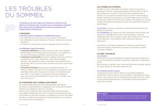 10	 VIGILANCE SOMMEIL 11	 VIGILANCE SOMMEIL
LES APNÉES DU SOMMEIL
Pendant la nuit, la respiration se ralentit. Il peut arriver que la
respiration s‘arrête. Si cette pause dépasse 10 secondes, on parle
alors d’apnée du sommeil. Il faut savoir qu’à chaque apnée se
produit un micro-éveil ne laissant pas de souvenir. Mais lorsque le
nombre d’apnées est important, ce trouble fragmente le sommeil,
qui est alors moins efficace et peut entraîner des fatigues en journée
ou des somnolences excessives, sources d’accidents de la route ou
domestiques.
Les facteurs comme le surpoids ou l’excès d’alcool favorisent les
apnées du sommeil.
Les symptômes de l’apnée sont des ronflements très bruyants, des
sensations d’étouffement la nuit, une transpiration nocturne
abondante, des maux de tête au réveil, des troubles de la mémoire
et de l’attention, une irritabilité, voire même des signes de
dépression.
Par ailleurs, ce syndrome augmente le risque de complications
cardiovasculaires (hypertension, troubles coronariens, accident
vasculaire cérébral).
AUTRES TROUBLES
Les douleurs
Pratiquement toutes les douleurs d’origine musculaire, tendineuse
ou osseuse peuvent perturber le sommeil, notamment sa deuxième
partie.
Bien maîtriser la douleur, avec une bonne literie par exemple, permet
de mieux dormir en deuxième partie de nuit.
Les troubles psycho-sociaux
L’angoisse de ne pas dormir assez est une plainte fréquente,
notamment chez les seniors, et peut révéler un état dépressif et/ou
anxieux. Au niveau social, le changement de mode de vie par l’arrêt
d’une activité professionnelle ou l’isolement social peut altérer la
qualité du sommeil.
* Source : INSV
(Institut National du
Sommeil et de la
Vigilance (mars
2015)
Bon à savoir
Si ces difficultés apparaissent plus de 4 fois par semaine depuis
plus d’un mois, le temps est peut-être venu d’en parler à votre
médecin.
LES TROUBLES
DU SOMMEIL
4 Français sur 10 sont sujets aux troubles du sommeil et dix
millions de Français sont concernés par une maladie du sommeil*.
Elles sont encore insuffisamment connues et peuvent avoir
d’importantes conséquences.
L’INSOMNIE
L’insomnie peut se manifester de différentes façons :
•• Des difficultés pour aller au lit ou pour trouver le sommeil ;
•• Des difficultés à rester endormi(e). Plusieurs réveils et du mal à se
rendormir ;
•• Un réveil trop matinal sans pouvoir replonger dans le sommeil.
Les différents types d’insomnie :
•• L’insomnie éphémère peut durer plusieurs nuits, mais disparaît
généralement vite. Elle peut être due au stress, à la maladie ou à
une activité physique pratiquée trop proche du coucher.
•• L’insomnie occasionnelle peut durer quelques semaines et être la
conséquence d’un choc émotionnel : deuil, perte d’emploi,
maladie... Elle disparaît souvent rapidement, mais attention à ne
pas tomber dans un cercle vicieux en ayant peur de ne pas trouver
le sommeil !
•• L’insomnie chronique dure plus que quelques semaines. La
fatigue s’installe, vous êtes moins concentré(e) et toujours un peu
plus déprimé(e) par ce manque de sommeil. Un spécialiste peut
vous aider. Il vous aidera à vous poser les bonnes questions :
avez-vous des soucis actuellement ? buvez-vous ? mangez-vous
trop tard le soir ?
LE SYNDROME DES JAMBES SANS REPOS
Ce trouble désigne des sensations désagréables de brûlures,
serrements, fourmillements ou impatiences au niveau des membres
inférieurs qui obligent le dormeur à bouger.
Quand ces mouvements sont importants (200 à 300 secousses
musculaires enregistrées par nuit), le sommeil est perturbé par des
micro-éveils qui peuvent entraîner une fatigue en journée. Une étude
récente a montré que la qualité de la literie influerait sur le nombre
et la durée de ces mouvements.
 