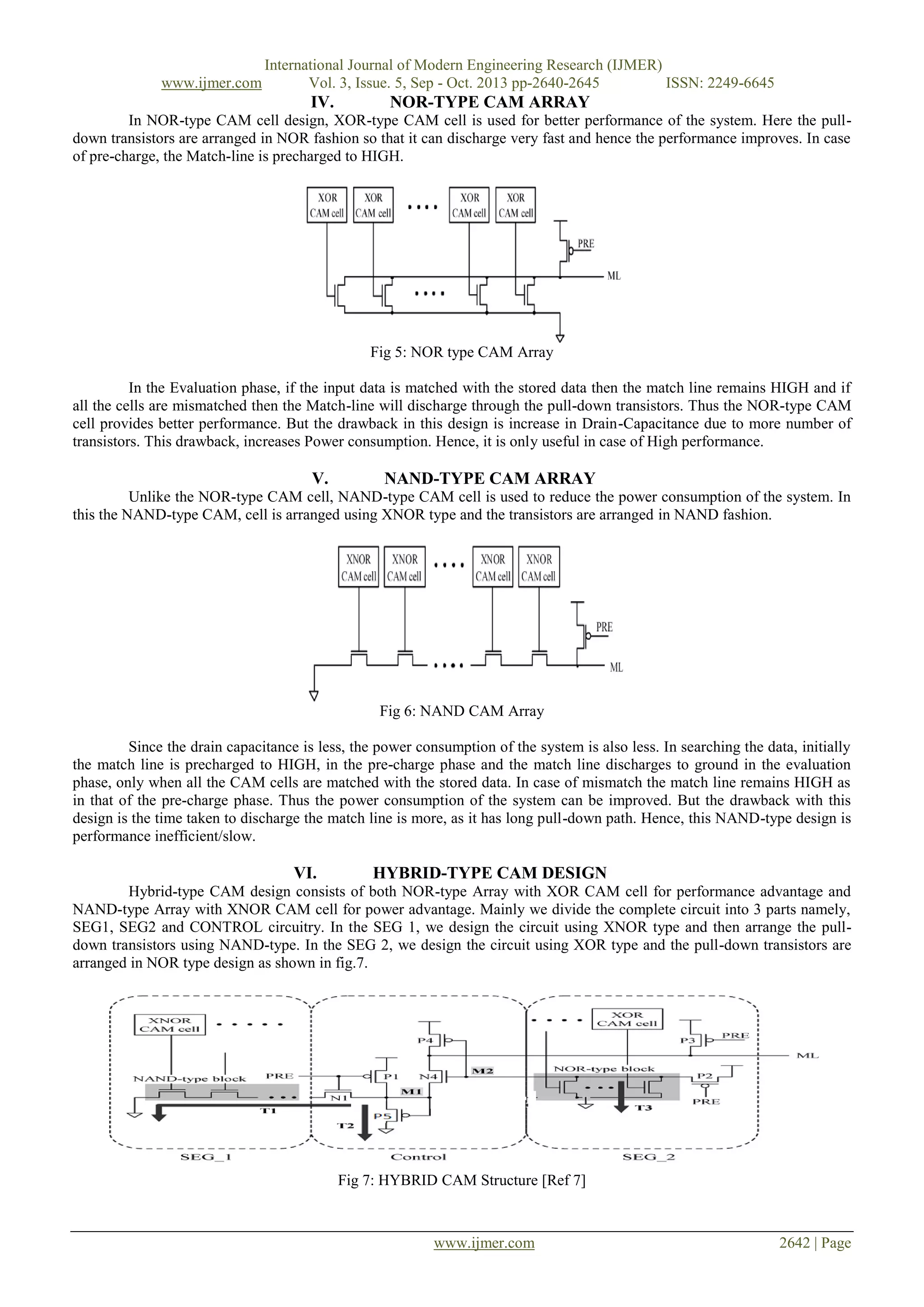 www.ijmer.com

International Journal of Modern Engineering Research (IJMER)
Vol. 3, Issue. 5, Sep - Oct. 2013 pp-2640-2645
ISSN: 2249-6645

IV.

NOR-TYPE CAM ARRAY

In NOR-type CAM cell design, XOR-type CAM cell is used for better performance of the system. Here the pulldown transistors are arranged in NOR fashion so that it can discharge very fast and hence the performance improves. In case
of pre-charge, the Match-line is precharged to HIGH.

Fig 5: NOR type CAM Array
In the Evaluation phase, if the input data is matched with the stored data then the match line remains HIGH and if
all the cells are mismatched then the Match-line will discharge through the pull-down transistors. Thus the NOR-type CAM
cell provides better performance. But the drawback in this design is increase in Drain-Capacitance due to more number of
transistors. This drawback, increases Power consumption. Hence, it is only useful in case of High performance.

V.

NAND-TYPE CAM ARRAY

Unlike the NOR-type CAM cell, NAND-type CAM cell is used to reduce the power consumption of the system. In
this the NAND-type CAM, cell is arranged using XNOR type and the transistors are arranged in NAND fashion.

Fig 6: NAND CAM Array
Since the drain capacitance is less, the power consumption of the system is also less. In searching the data, initially
the match line is precharged to HIGH, in the pre-charge phase and the match line discharges to ground in the evaluation
phase, only when all the CAM cells are matched with the stored data. In case of mismatch the match line remains HIGH as
in that of the pre-charge phase. Thus the power consumption of the system can be improved. But the drawback with this
design is the time taken to discharge the match line is more, as it has long pull-down path. Hence, this NAND-type design is
performance inefficient/slow.

VI.

HYBRID-TYPE CAM DESIGN

Hybrid-type CAM design consists of both NOR-type Array with XOR CAM cell for performance advantage and
NAND-type Array with XNOR CAM cell for power advantage. Mainly we divide the complete circuit into 3 parts namely,
SEG1, SEG2 and CONTROL circuitry. In the SEG 1, we design the circuit using XNOR type and then arrange the pulldown transistors using NAND-type. In the SEG 2, we design the circuit using XOR type and the pull-down transistors are
arranged in NOR type design as shown in fig.7.

Fig 7: HYBRID CAM Structure [Ref 7]

www.ijmer.com

2642 | Page

 