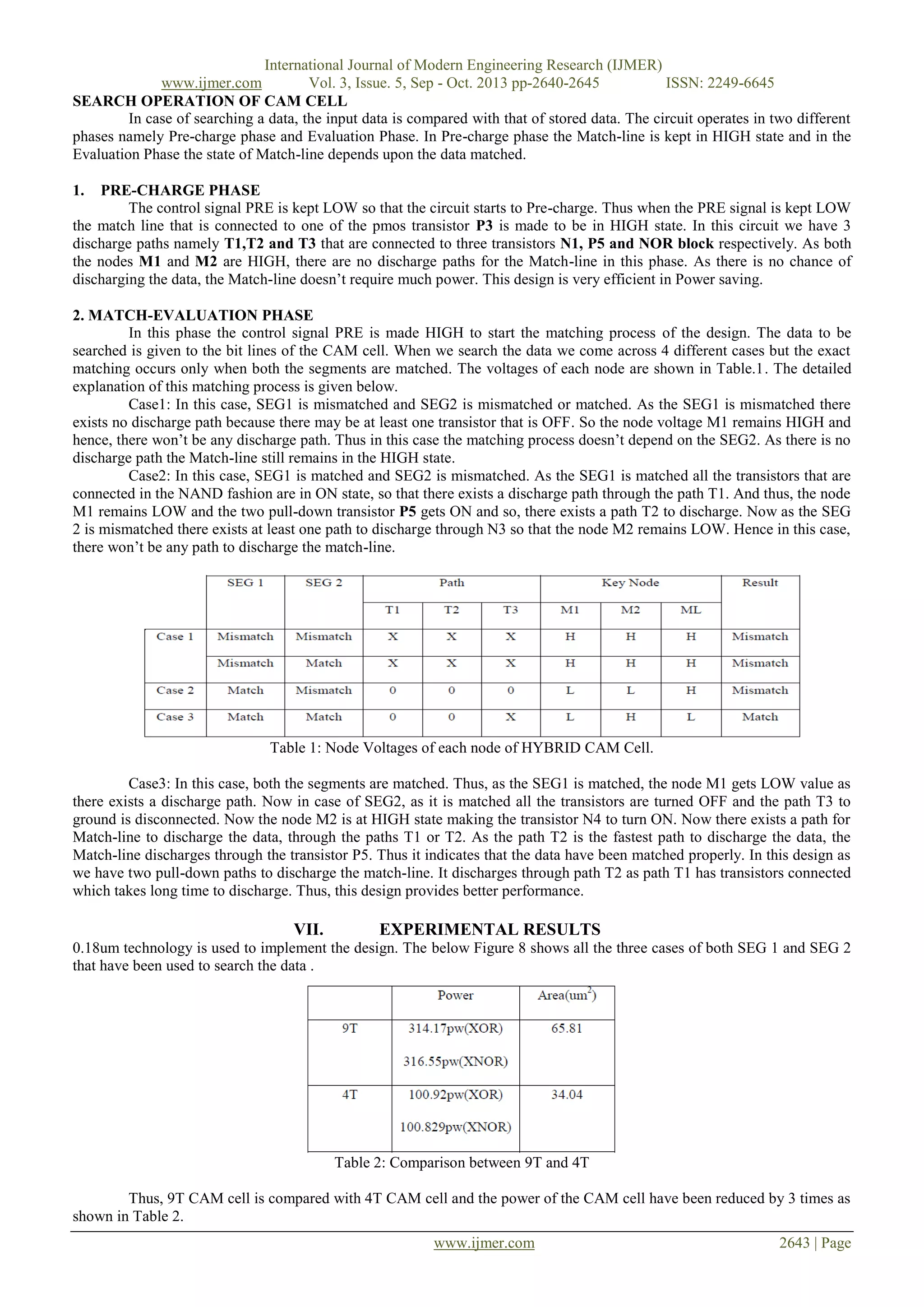 International Journal of Modern Engineering Research (IJMER)
www.ijmer.com
Vol. 3, Issue. 5, Sep - Oct. 2013 pp-2640-2645
ISSN: 2249-6645
SEARCH OPERATION OF CAM CELL
In case of searching a data, the input data is compared with that of stored data. The circuit operates in two different
phases namely Pre-charge phase and Evaluation Phase. In Pre-charge phase the Match-line is kept in HIGH state and in the
Evaluation Phase the state of Match-line depends upon the data matched.
1.

PRE-CHARGE PHASE
The control signal PRE is kept LOW so that the circuit starts to Pre-charge. Thus when the PRE signal is kept LOW
the match line that is connected to one of the pmos transistor P3 is made to be in HIGH state. In this circuit we have 3
discharge paths namely T1,T2 and T3 that are connected to three transistors N1, P5 and NOR block respectively. As both
the nodes M1 and M2 are HIGH, there are no discharge paths for the Match-line in this phase. As there is no chance of
discharging the data, the Match-line doesn‟t require much power. This design is very efficient in Power saving.
2. MATCH-EVALUATION PHASE
In this phase the control signal PRE is made HIGH to start the matching process of the design. The data to be
searched is given to the bit lines of the CAM cell. When we search the data we come across 4 different cases but the exact
matching occurs only when both the segments are matched. The voltages of each node are shown in Table.1. The detailed
explanation of this matching process is given below.
Case1: In this case, SEG1 is mismatched and SEG2 is mismatched or matched. As the SEG1 is mismatched there
exists no discharge path because there may be at least one transistor that is OFF. So the node voltage M1 remains HIGH and
hence, there won‟t be any discharge path. Thus in this case the matching process doesn‟t depend on the SEG2. As there is no
discharge path the Match-line still remains in the HIGH state.
Case2: In this case, SEG1 is matched and SEG2 is mismatched. As the SEG1 is matched all the transistors that are
connected in the NAND fashion are in ON state, so that there exists a discharge path through the path T1. And thus, the node
M1 remains LOW and the two pull-down transistor P5 gets ON and so, there exists a path T2 to discharge. Now as the SEG
2 is mismatched there exists at least one path to discharge through N3 so that the node M2 remains LOW. Hence in this case,
there won‟t be any path to discharge the match-line.

Table 1: Node Voltages of each node of HYBRID CAM Cell.
Case3: In this case, both the segments are matched. Thus, as the SEG1 is matched, the node M1 gets LOW value as
there exists a discharge path. Now in case of SEG2, as it is matched all the transistors are turned OFF and the path T3 to
ground is disconnected. Now the node M2 is at HIGH state making the transistor N4 to turn ON. Now there exists a path for
Match-line to discharge the data, through the paths T1 or T2. As the path T2 is the fastest path to discharge the data, the
Match-line discharges through the transistor P5. Thus it indicates that the data have been matched properly. In this design as
we have two pull-down paths to discharge the match-line. It discharges through path T2 as path T1 has transistors connected
which takes long time to discharge. Thus, this design provides better performance.

VII.

EXPERIMENTAL RESULTS

0.18um technology is used to implement the design. The below Figure 8 shows all the three cases of both SEG 1 and SEG 2
that have been used to search the data .

Table 2: Comparison between 9T and 4T
Thus, 9T CAM cell is compared with 4T CAM cell and the power of the CAM cell have been reduced by 3 times as
shown in Table 2.
www.ijmer.com

2643 | Page

 