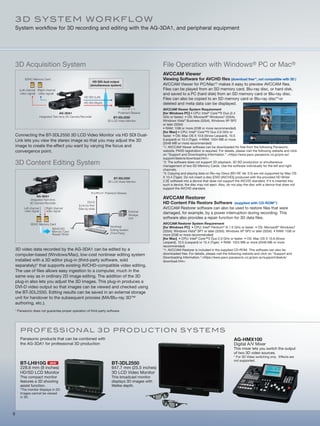 3D Sy S T E M wo r K f l o w
    System workflow for 3D recording and editing with the AG-3DA1, and peripheral equipment




    3D Acquisition System                                                                                 File Operation with Windows® PC or Mac®
                                                                                                          AVCCAM Viewer
          SDHC Memory Card                                                                                Viewing Software for AVCHD files (download free*1, not compatible with 3D )
                                                                  HD SDI dual output
                                                                (simultaneous system)                     AVCCAM Viewer for PC/Mac*2 makes it easy to preview AVCCAM files.
      (Left channel (Right channel                                                                        Files can be played from an SD memory card, Blu-ray disc, or hard disk,
       video signal) video signal)                                                                        and saved to a PC (hard disk) from an SD memory card or Blu-ray disc.
                                                          HD SDI (Left)
                                                                                                          Files can also be copied to an SD memory card or Blu-ray disc*3 or
                                                          HD SDI (Right)                                  deleted and meta data can be displayed.
                                                                                                          AVCCAM Viewer System Requirement
                                         AG-3DA1                                     Polarized Glasses    [for Windows PC] • CPU: Intel® Core™2 Duo (2.4
                         Integrated Twin-lens 3D Camera Recorder                 BT-3DL2550               GHz or faster) • OS: Microsoft® Windows7 (32bit),
                                                                             3D LCD Video Monitor         Windows Vista® Business (32bit), Windows XP SP2
                                                                                                          or later (32bit)
                                                                                                          • RAM: 1GB or more (2GB or more recommended)
                                                                                                          [for Mac] • CPU: Intel® Core™2 Duo 2.6 GHz or
    Connecting the BT-3DL2550 3D LCD Video Monitor via HD SDI Dual-                                       faster • OS: Mac OS X 10.6 (Snow Leopard), 10.5
    Link lets you view the stereo image so that you may adjust the 3D                                     (Leopard) or 10.4 (Tiger) • RAM: 1024 MB or more
                                                                                                          (2048 MB or more recommended)
    image to create the effect you want by varying the focus and                                          *1: AVCCAM Viewer software can be downloaded for free from the following Panasonic
    convergence point.                                                                                    website. PASS registration is required. For details, please visit the following website and click
                                                                                                          on “Support and Downloading Information.” <https://eww.pavc.panasonic.co.jp/pro-av/
                                                                                                          support/desk/e/download.htm>
    3D Content Editing System                                                                             *2: The software does not support 3D playback, 3D BD production or simultaneous
                                                                                                          management of two SD Memory Cards. Use the software individually for the left and right
                                                                                                          channels.
                                                                                                          *3: Copying and playing data on Blu-ray Discs (BD-RE Ver 3.0) are not supported by Mac OS
                                                                                 BT-3DL2550               X 10.4 (Tiger). Do not insert a disc [DVD (AVCHD)] produced with the provided HD Writer
                                                                             3D LCD Video Monitor         2.5E software into a device that does not support the AVCHD standard. If it is inserted into
                                                                                                          such a device, the disc may not eject. Also, do not play the disc with a device that does not
                                                                                                          support the AVCHD standard.
                                                                           Polarized Glasses
                   AG-3DA1
              Integrated Twin-lens
                                                                                                          AVCCAM Restorer
              3D Camera Recorder                             DVI-D                                        HD Content File Restore Software (supplied with CD-ROM*1)
                                                      (Line-by-line/
          Left channel       Right channel            Side-by-side)                                       AVCCAM Restorer software can also be used to restore files that were
          video signal       video signal                                                      External
                                                                                               Storage
                                                                                                          damaged, for example, by a power interruption during recording. This
                                                                                               Unit       software also provides a repair function for 3D data files.
               SDHC Memory Card                                                                           AVCCAM Restorer System Requirement
                                                                               Nonlinear                  [for Windows PC] • CPU: Intel® Pentium® III 1.0 GHz or faster • OS: Microsoft® Windows7
                                  SDHC/SD                                      Editing System
                                  Memory Card                                                             (32bit), Windows Vista® SP1 or later (32bit), Windows XP SP2 or later (32bit) • RAM: 1GB or
                                  Reader Writer                                (Third Party)
                                                                                                          more (2GB or more recommended)
                                                                                                          [for Mac] • CPU: Intel® Core™2 Duo 2.0 GHz or faster • OS: Mac OS X 10.6 (Snow
                                                                                                          Leopard), 10.5 (Leopard) or 10.4 (Tiger) • RAM: 1024 MB or more (2048 MB or more
                                                                                                          recommended)
    3D video data recorded by the AG-3DA1 can be edited by a                                              *1: AVCCAM Restorer is included in the supplied CD-ROM. This software can also be
    computer-based (Windows/Mac), low-cost nonlinear editing system                                       downloaded free. For details, please visit the following website and click on "Support and
                                                                                                          Downloading Information."<https://eww.pavc.panasonic.co.jp/pro-av/support/desk/e/
    installed with a 3D editor plug-in (third-party software, sold                                        download.htm>
    separately)* that supports existing AVCHD-compatible video editing.
    The use of files allows easy ingestion to a computer, much in the
    same way as in ordinary 2D image editing. The addition of the 3D
    plug-in also lets you adjust the 3D images. This plug-in produces a
    DVI-D video output so that images can be viewed and checked using
    the BT-3DL2550. Editing results can be saved in an external storage
    unit for handover to the subsequent process (MA/Blu-ray 3D™
    authoring, etc.).
    * Panasonic does not guarantee proper operation of third-party software.




       ProfESSioNAl 3D ProDuCTioN SySTEMS
       Panasonic products that can be combined with                                                                                                          AG-HMX100
       the AG-3DA1 for professional 3D production                                                                                                            Digital A/V Mixer
                                                                                                                                                             This mixer lets you switch the output
                                                                                                                                                             of two 3D video sources.
                                                                                                                                                             * For 3D Video switching only. Effects are
                                                                                                                                                             not supported.
       BT-LH910G                NEW                                             BT-3DL2550
       228.6 mm (9 inches)                                                      647.7 mm (25.5 inches)
       HD/SD LCD Monitor                                                        3D LCD Video Monitor
       This compact monitor                                                     This broadcast monitor
       features a 3D shooting                                                   displays 3D images with
       assist function.                                                         lifelike depth.
       *The monitor displays in 2D.
       Images cannot be viewed
       in 3D.




9
 